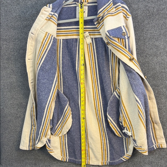Aerie Oversized Heavy Flannel Striped Shirt Jacket Cream Blue Mustard Small - Picture 13 of 16